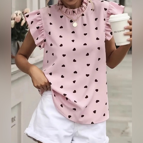 *BRAND NEW* Heart Print Ruffle Trim Blouse, Casual Loose Blouse For Summer XL - Picture 3 of 9